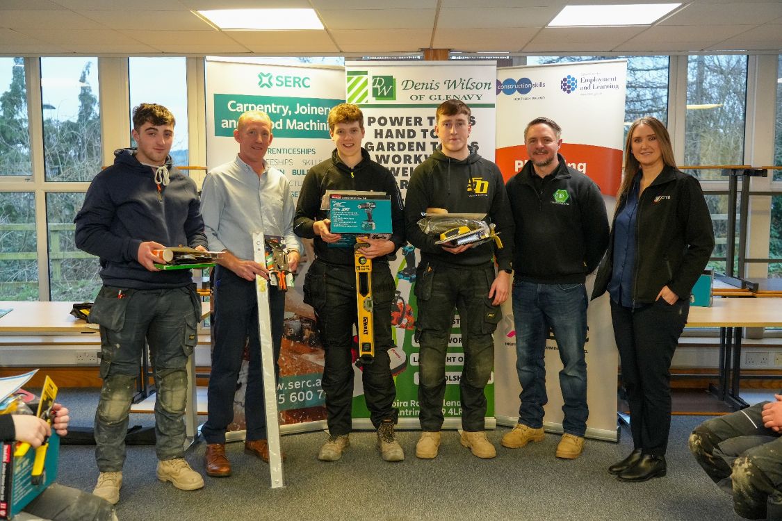 Picture of Carpentry winners alongside sponsors and tutors